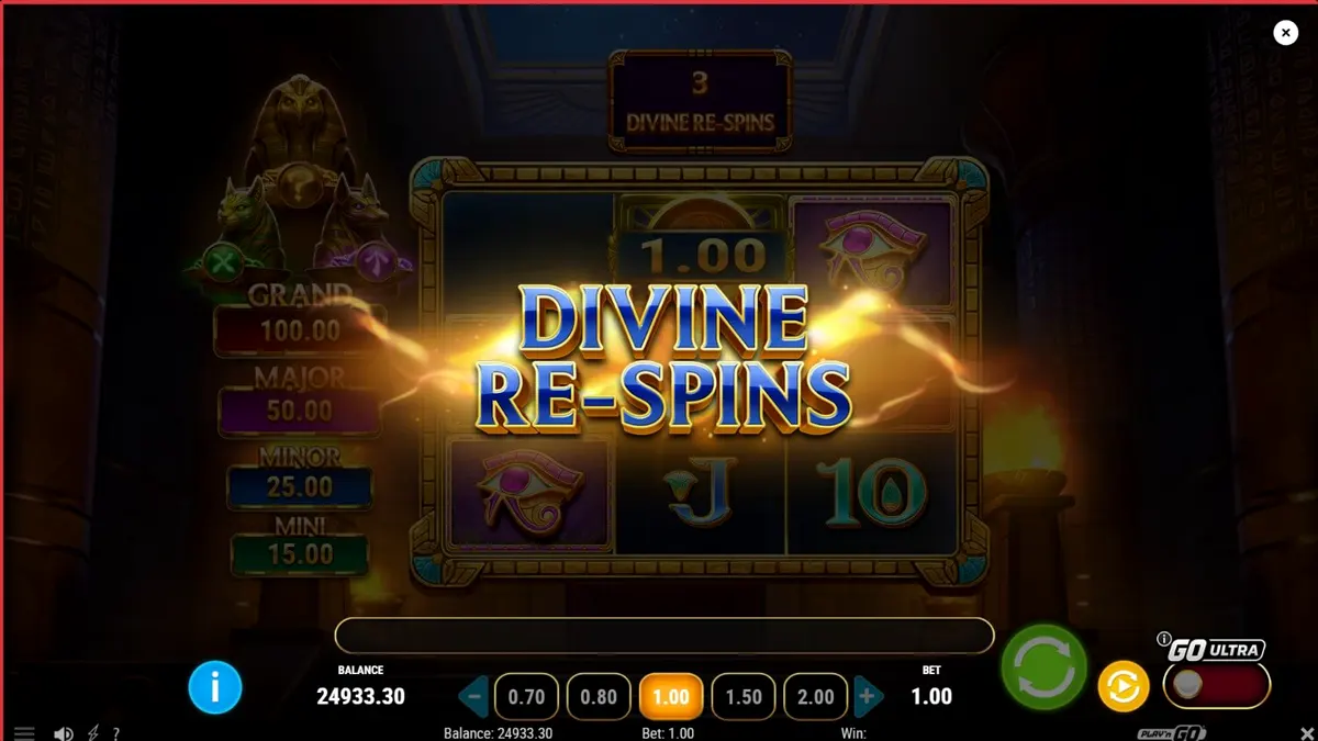 Interface do slot Temple of Three rodando em um smartphone moderno com tema egípcio