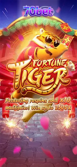 O tigre dourado do jogo Fortune Tiger em um cenário de templo asiático festivo.